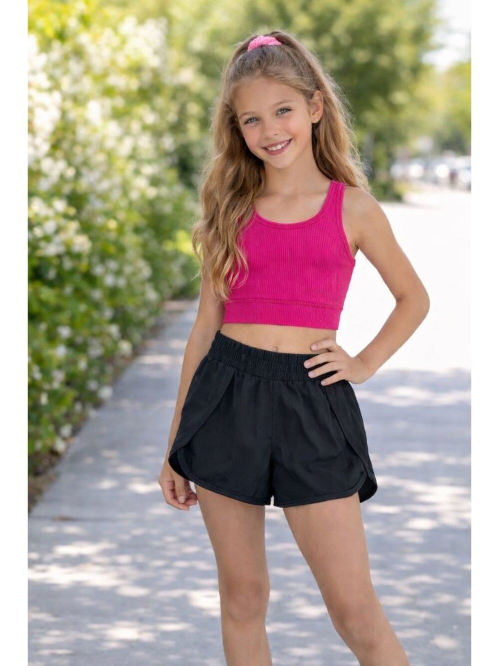All in Motion Girls' size XS 4-5 Activewear Black Shorts & Pink Sports Bra NEW